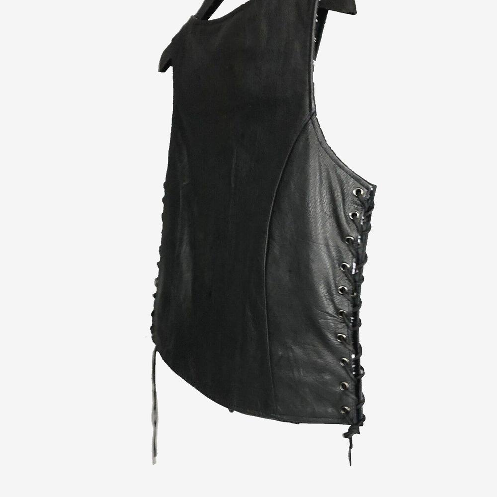 Unik Premium Women Sz M Black Leather Snap Front Vest Side Laces Paisley Liner - Picture 9 of 16